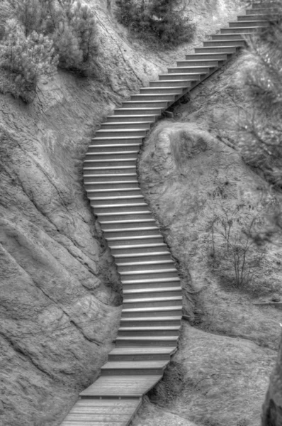 Black & white staircase in a park inside ochre quarry, Roussillion, Fra — Stock Photo, Image