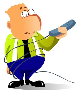 Businessman tangled up in phone wires clipart