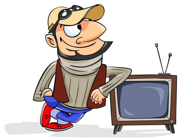 Hombre de pie junto a un televisor retro — Foto de Stock