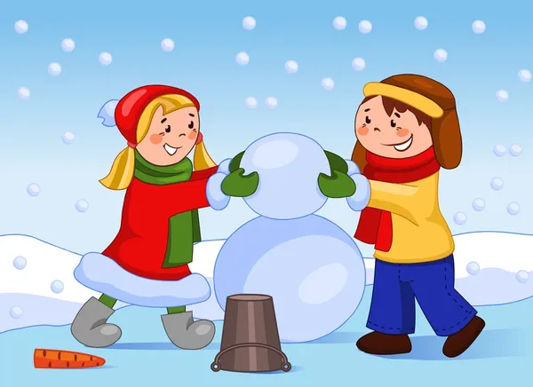 Mutlu çocuklar bir kardan adam yapmak. — Stok fotoğraf