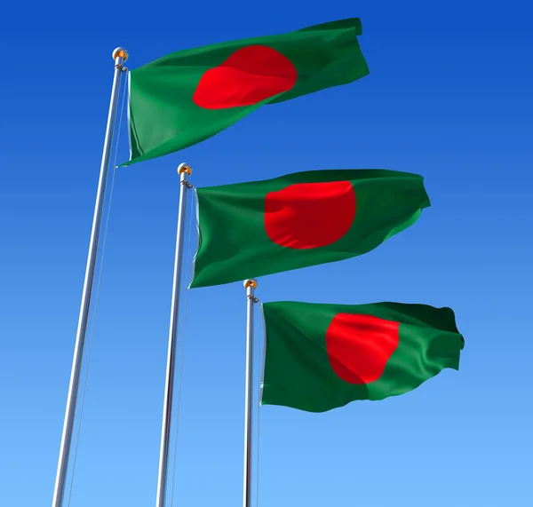 Three flags of Bangladesh against blue sky. — Stock Photo, Image