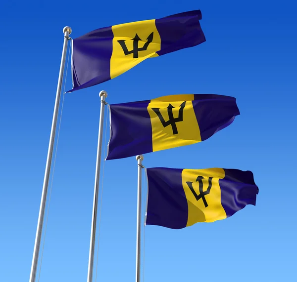 Trzy flagi z barbados przeciw błękitne niebo. — Zdjęcie stockowe