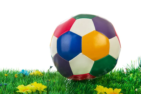 Bola de futebol colorido na grama — Fotografia de Stock