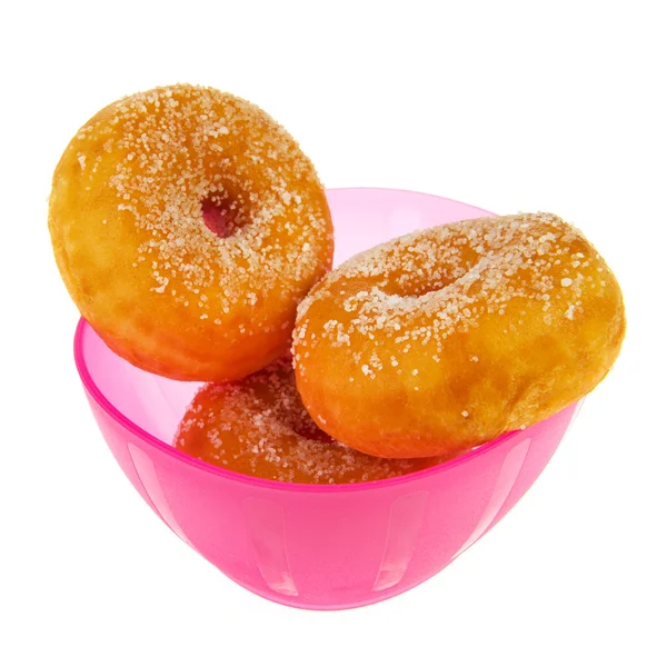 Pink bowl sugary donuts — Stock Photo, Image