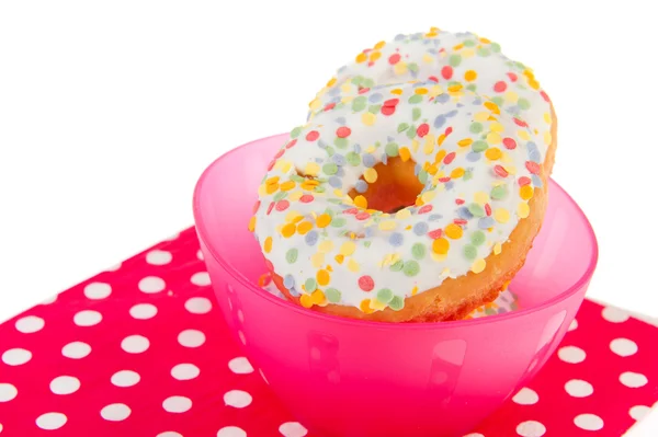 Pink bowl confetti donuts — Stock Photo, Image