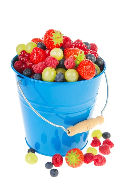 Синее ведро свежих фруктов — стоковое фото