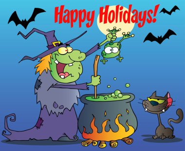 Happy Holidays Greeting Over A Green Halloween Witch Making A Potion clipart