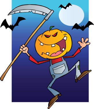 Grinning Scarecrow Reaper With Scythe In Halloween Night clipart