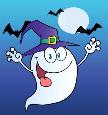 Ghost Wearing A Witch Hat Over Bats On Blue clipart