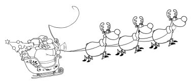 An Outline Of Santa In Flight With His Reindeer And Sleigh clipart