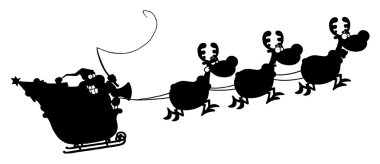 A Black Silhouetted Santa In Flight With His Reindeer And Sleigh clipart