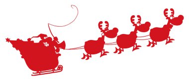 A Red Silhouetted Santa In Flight With His Reindeer And Sleigh clipart