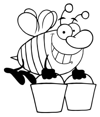 Outlined Worker Bee Carrying Two Buckets clipart