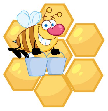 Worker Bee Carrying Two Buckets Over Honey Combs clipart