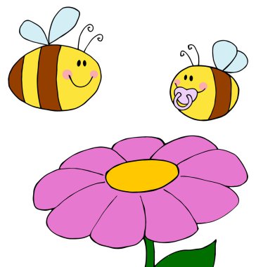 Chubby Baby Bee And Adult Bee Over A Flower clipart
