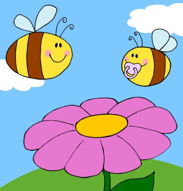 Chubby Baby Bee And Adult Bee Over A Flower On A Sunny Day clipart