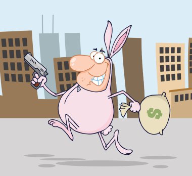 Robber Running Through A City In A Bunny Costume clipart