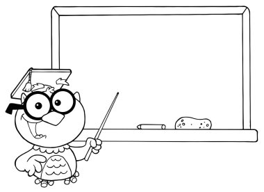 Outlined Professor Owl And Chalk Board clipart