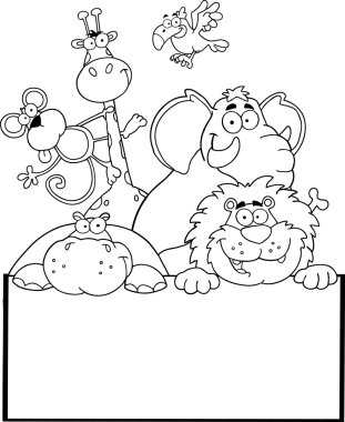 Outlined Zoo Animals Over A Sign clipart