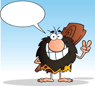 Talking Caveman Gesturing Peace And Holding A Club Behind His Back clipart