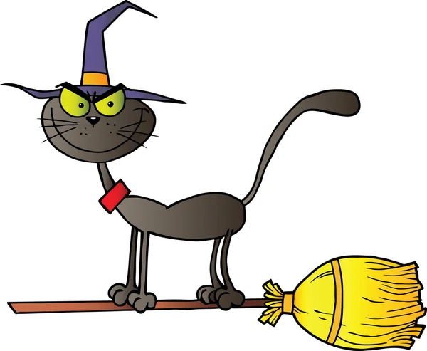 Black Cat Which Fly A Broom — Stock Photo, Image