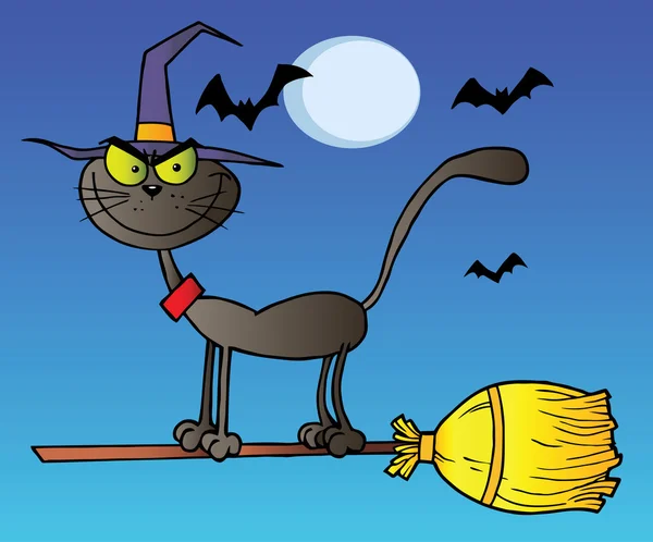 黑猫，在夜间飞行扫帚 — 图库照片