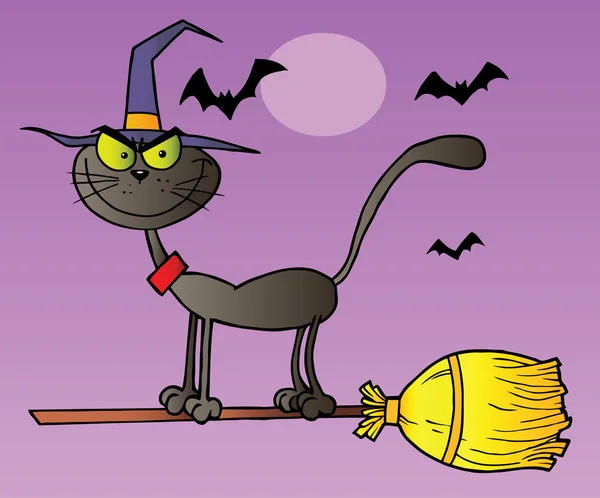 Gato negro que vuela un escoba en la noche de Halloween —  Fotos de Stock