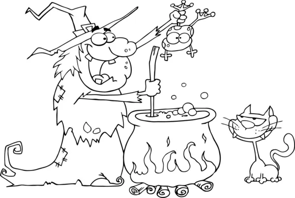 Outlined Cat Watching An Ugly Halloween Witch Holding A Frog Over A Cauldro — Stock Photo, Image