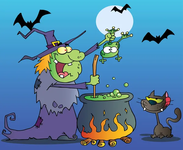 Kat kijken naar een groene halloween heks een kikker bedrijf over een ketel — Stockfoto