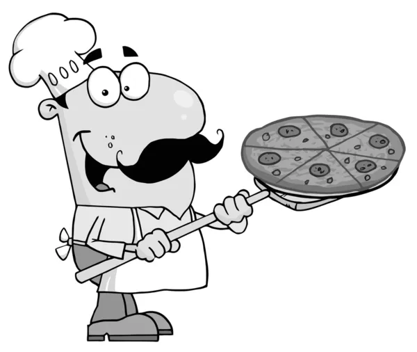 Gråskala pizzeria kock håller en pizza — Stockfoto