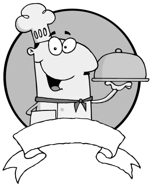 Gri erkek aşçı bir tabak üzerinde boş bir afiş tutarak — Stok fotoğraf