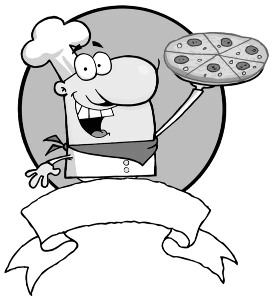 Chef en niveaux de gris présentant sa bannière à tarte à la pizza — Photo