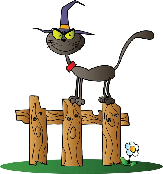 Czarny kot czarownicy na ogrodzenie — Zdjęcie stockowe