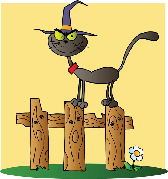 Czarny kot kreskówka czarownica na ogrodzenie — Zdjęcie stockowe