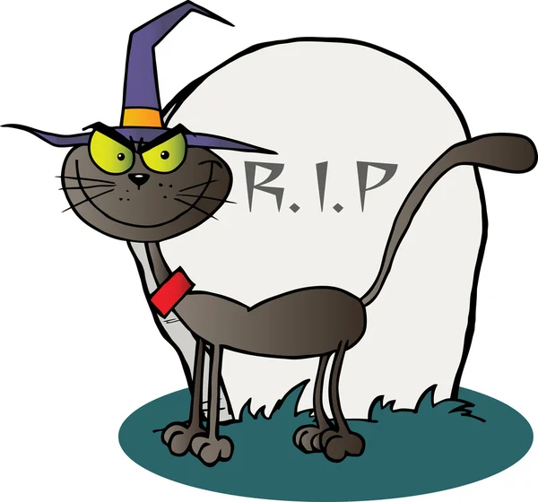 Halloween heks kat door een grafsteen — Stockfoto