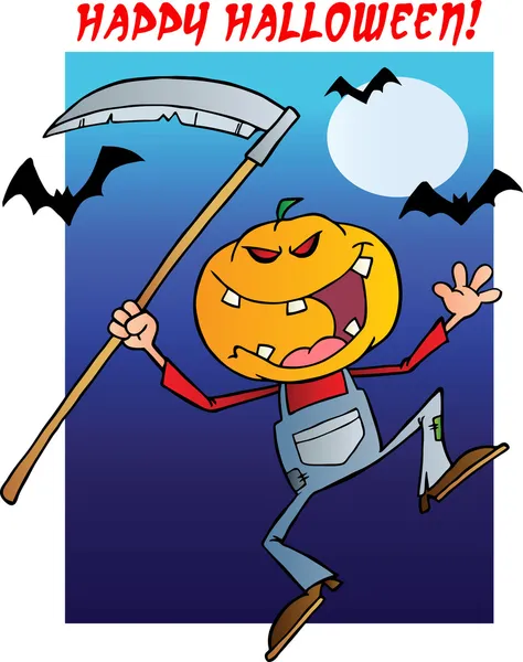 Buon Halloween su un mietitore di spaventapasseri rattristato con falce — Foto Stock