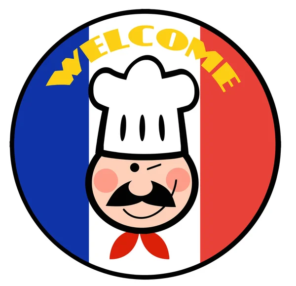 Cara de Chef piscando em um círculo de bandeira francês bem-vindo — Fotografia de Stock