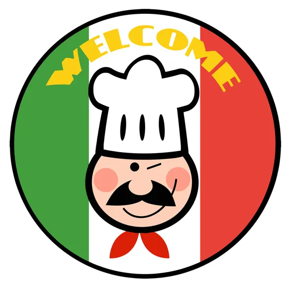 Knipogend gezicht van de chef-kok over een welkom Italiaanse vlag cirkel — Stockfoto