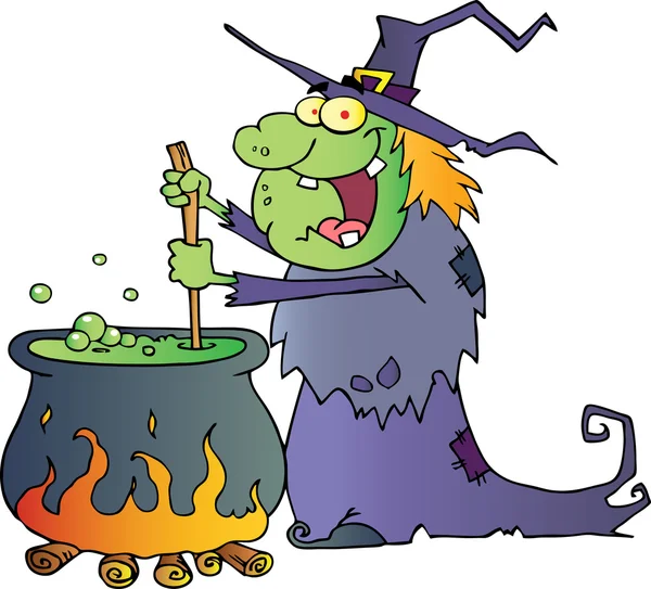 Warty Halloween Witch Stirring A Potion In A Cauldron.