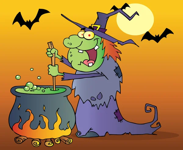 Bruja fea preparando una poción en la noche de Halloween —  Fotos de Stock