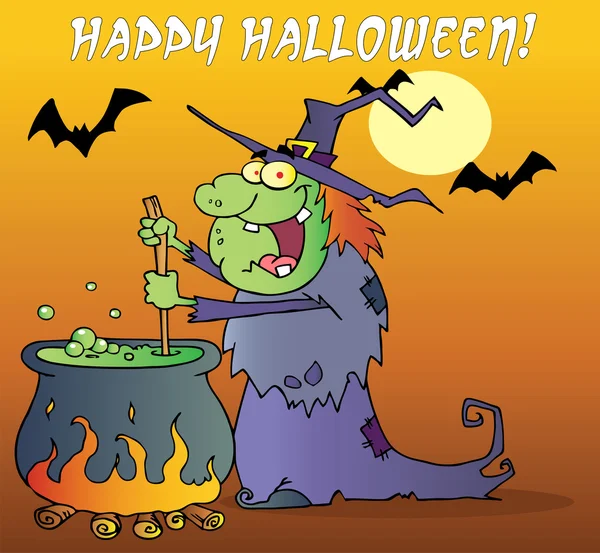 Feliz Halloween sobre una bruja agitando una poción bajo los murciélagos en naranja —  Fotos de Stock