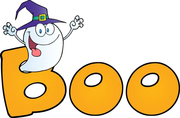 Fantasma usando un sombrero de bruja en la palabra BOO — Foto de Stock