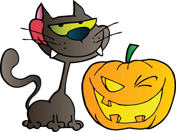 Zwarte kat en winking jackolantern pompoen van halloween — Stockfoto