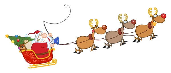 Santa Claus en vuelo con sus renos y trineo —  Fotos de Stock