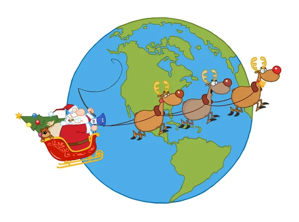 Noel Baba ve dünya üzerinde uçan Ren geyiği — Stok fotoğraf