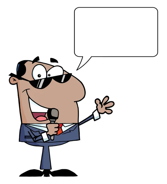 Black Businessman Announcing With A Microphone And Speech Balloon — Stock Photo, Image