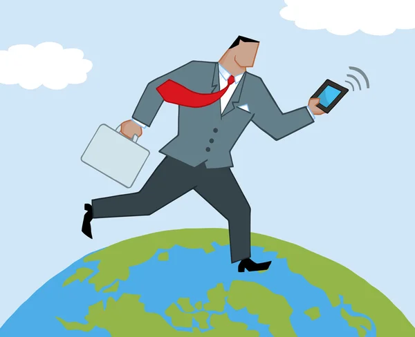Geschäftsmann läuft mit Aktentasche und Tablet über den Globus — Stockfoto