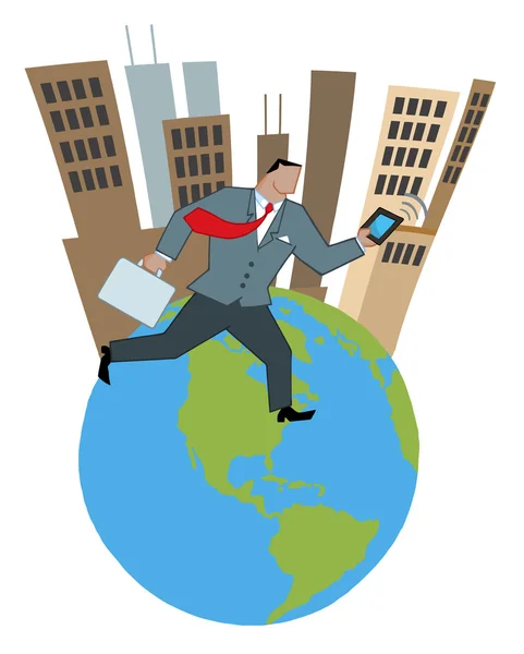 Geschäftsmann läuft mit Aktentasche und Tablet auf städtischem Globus — Stockfoto