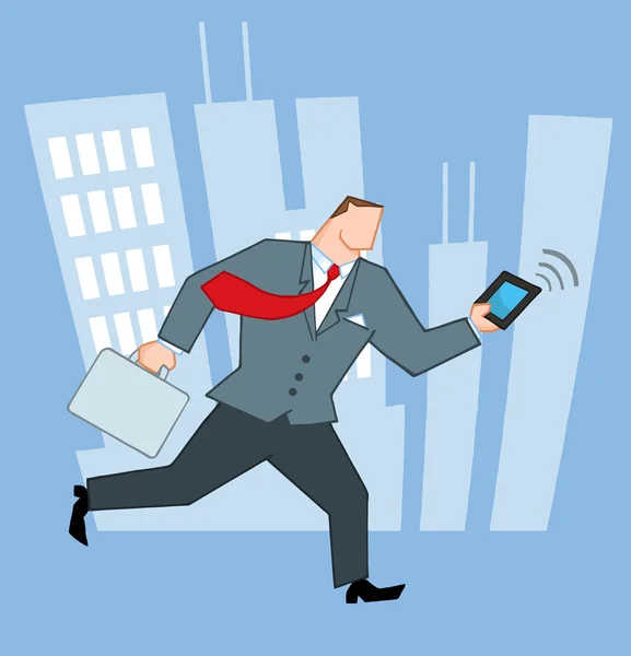 Empresário correndo na cidade com malas e Tablet — Fotografia de Stock