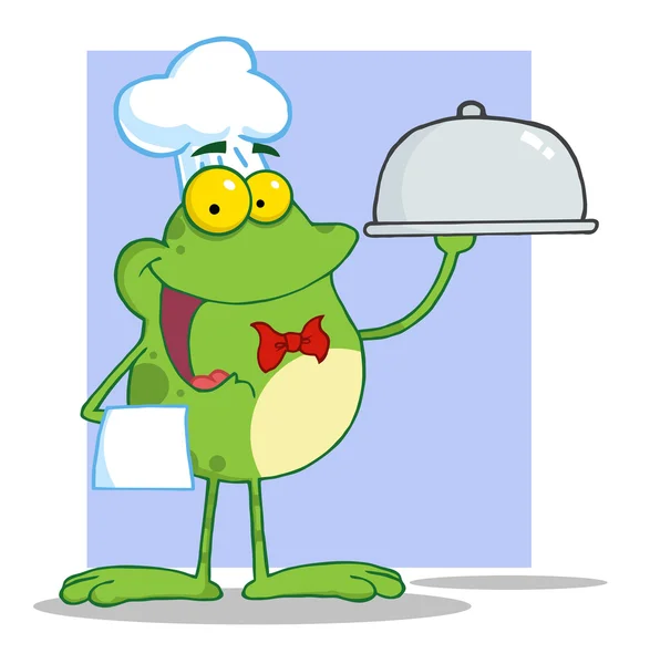 Číšník žába drží talíř nad fialová — Stock fotografie